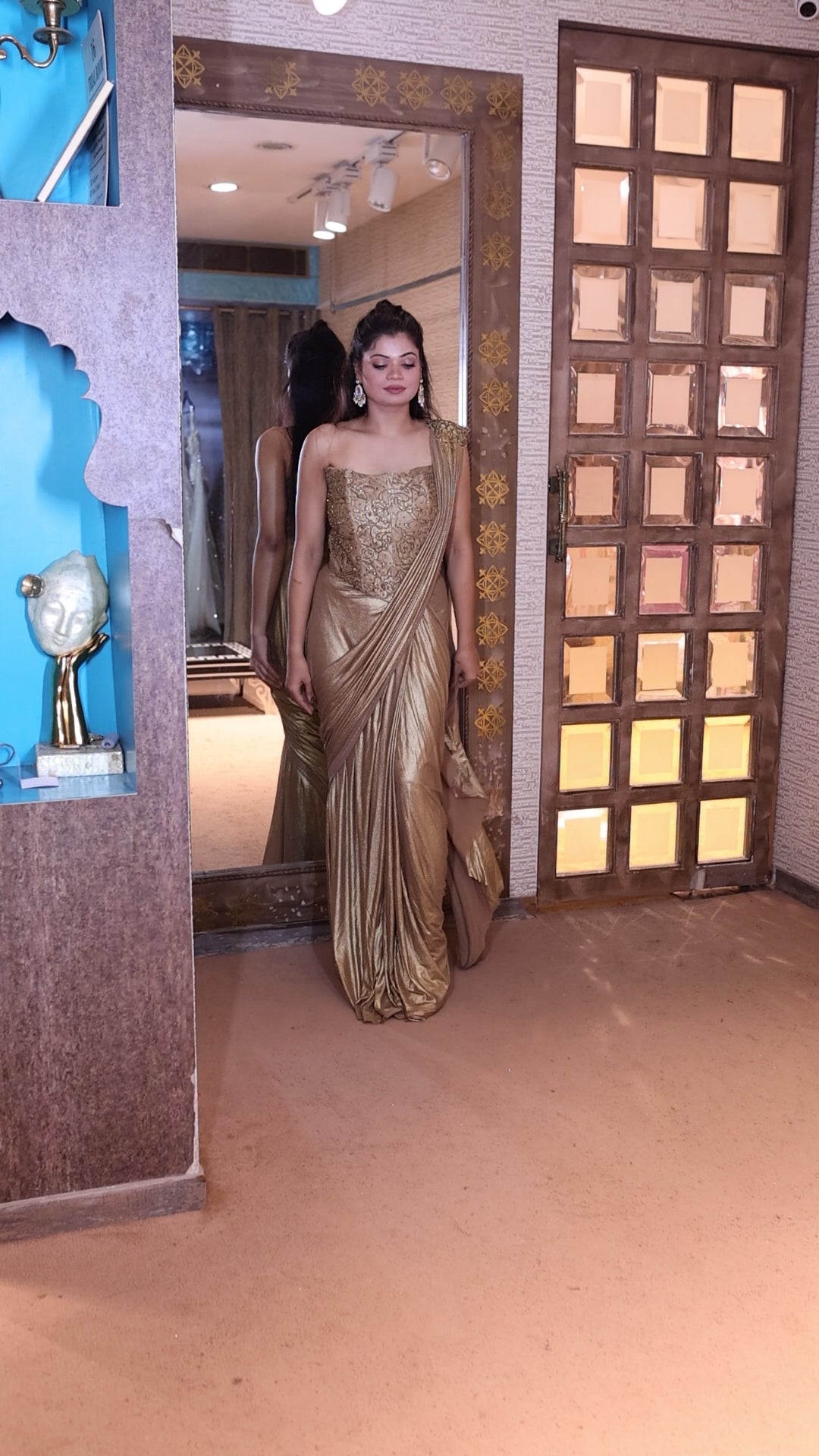 Golden Glamour Pre-Draped Saree Ensemble (3441 M-108)