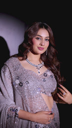 buy Elegant Grey Blue Shimmer Saree with Modern Sequin Blouse online for women