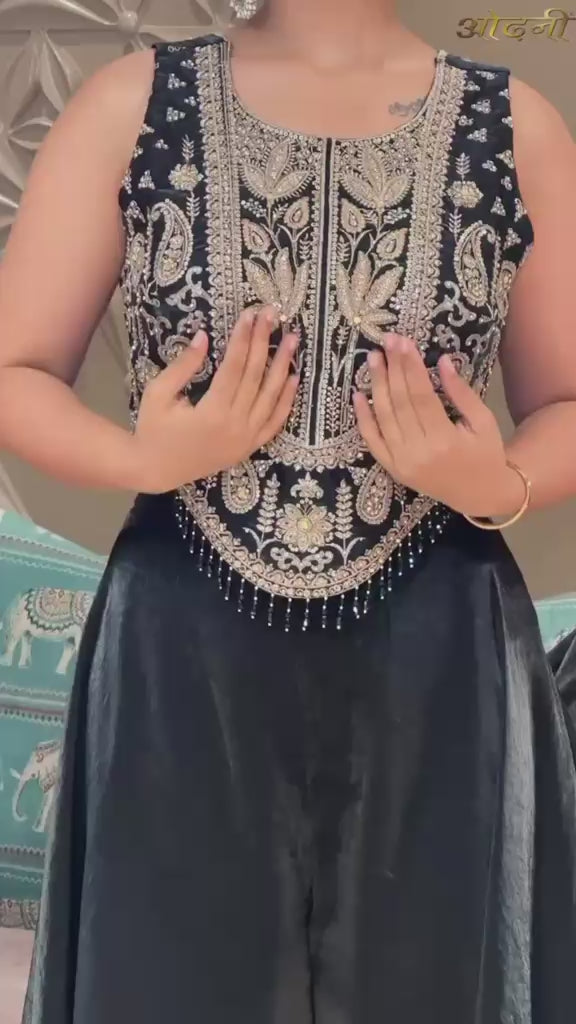 Midnight Black Silk Corset-Style Kurta Set