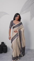 Satin Tussar Saree with Embroidery-Style Digital Print