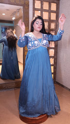 Water Blue Anarkali Gown with Floral Embroidery (1460 GA-17)