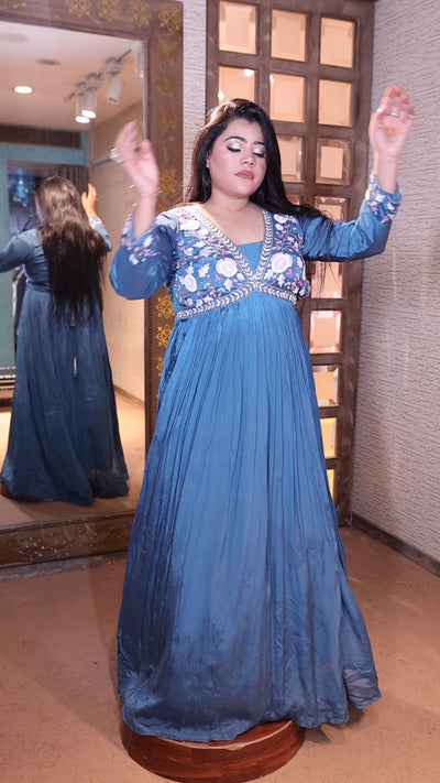 Water Blue Anarkali Gown with Floral Embroidery (1460 GA-17)