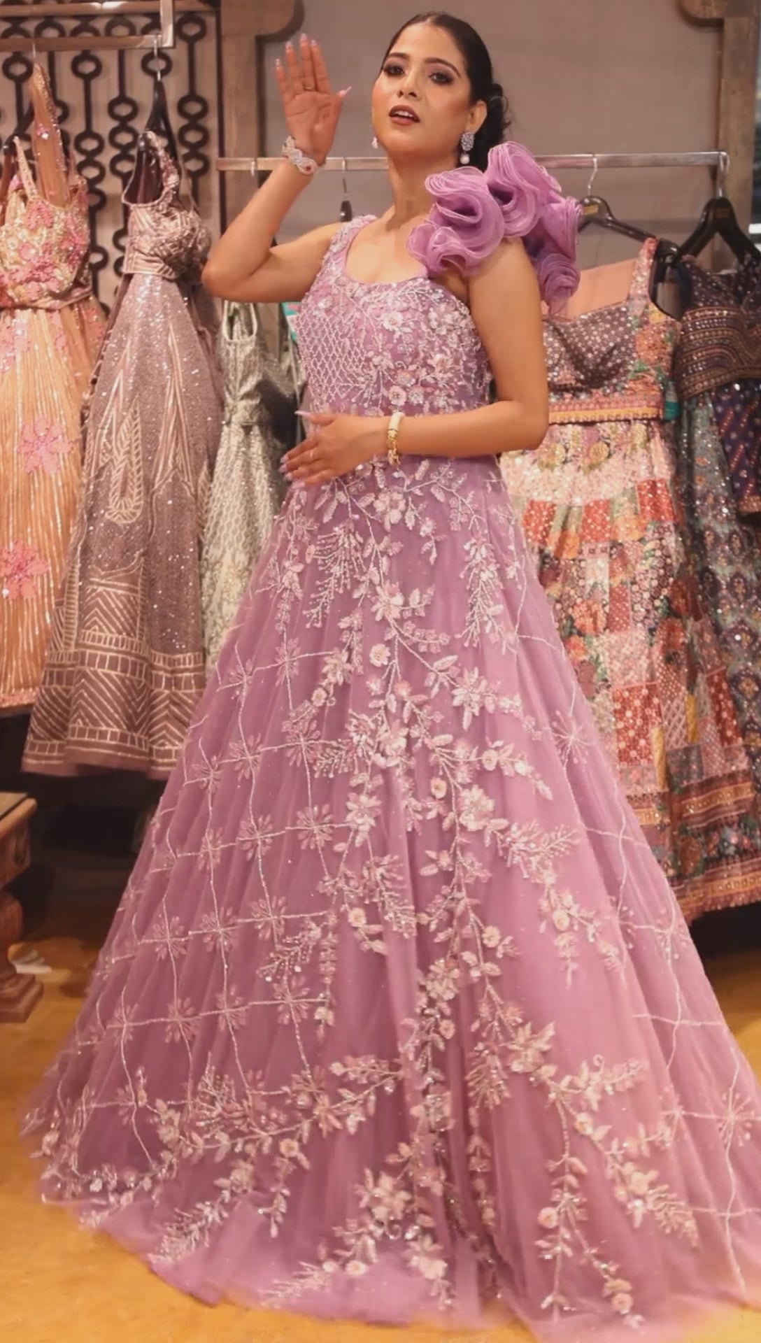 Lavish Lavender Silk Blend Gown with Half Sleeves and Exquisite Embroidered Details