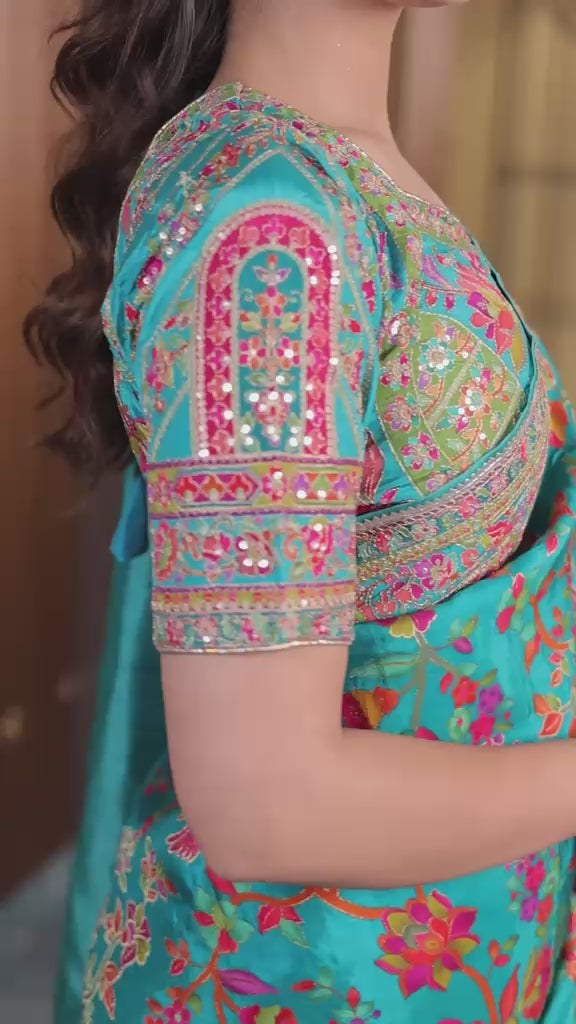 Vibrant Turquoise Floral Paithani-Style Silk Saree