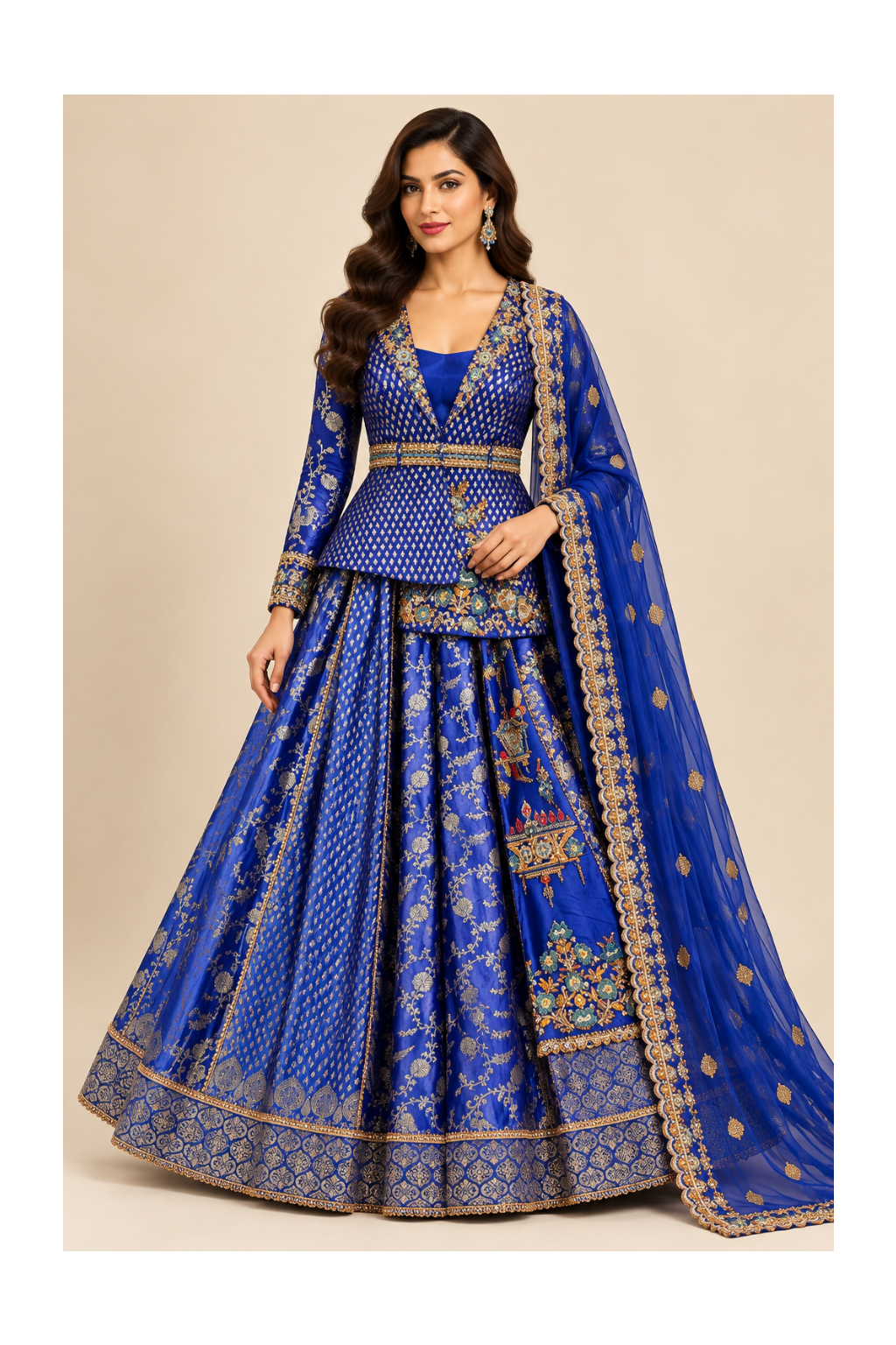 Royal Blue Brocade Peplum Jacket, Kalidar Lehenga & Dupatta Set Main image