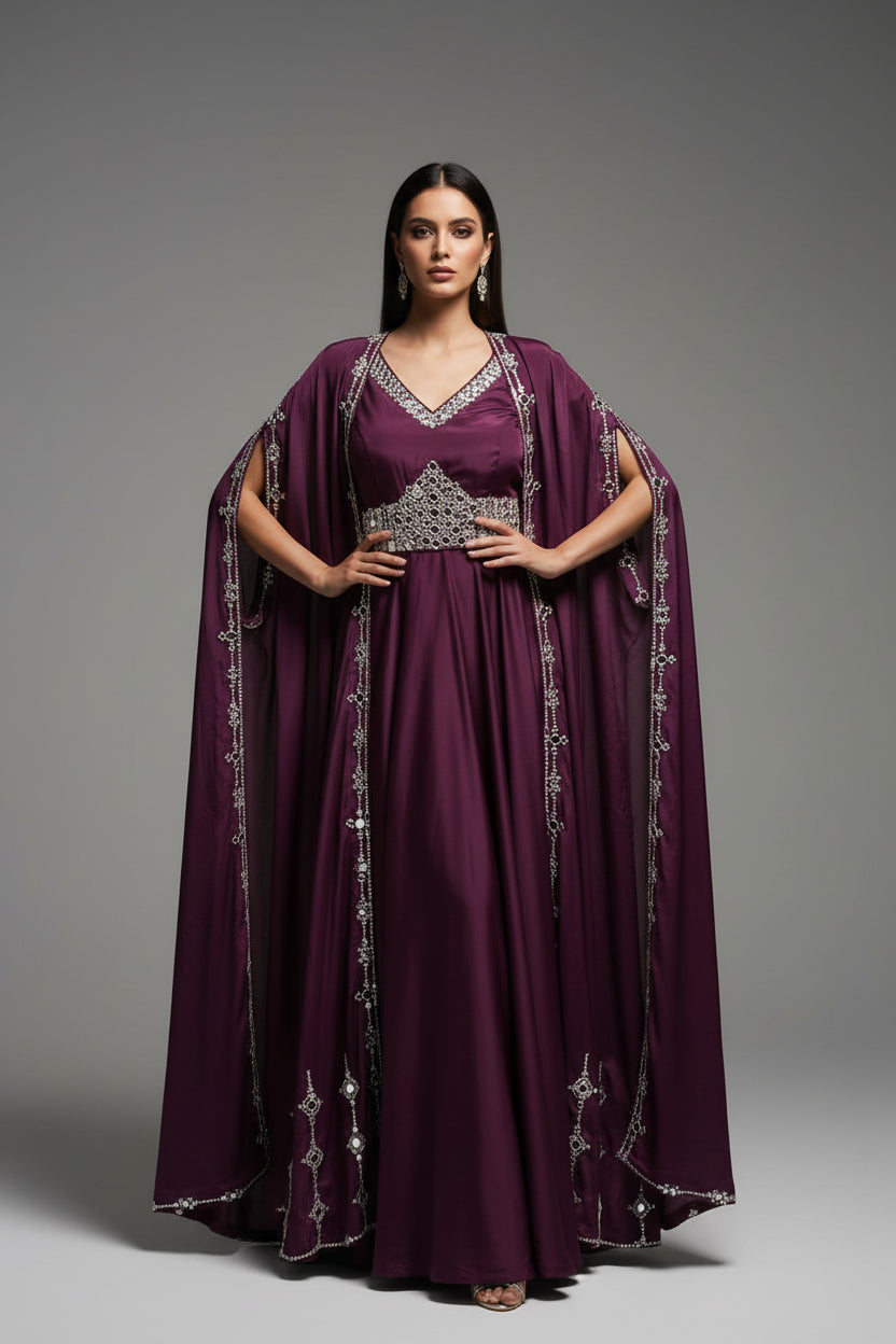 Royal Plum Mirror-Work Cape Set Main image