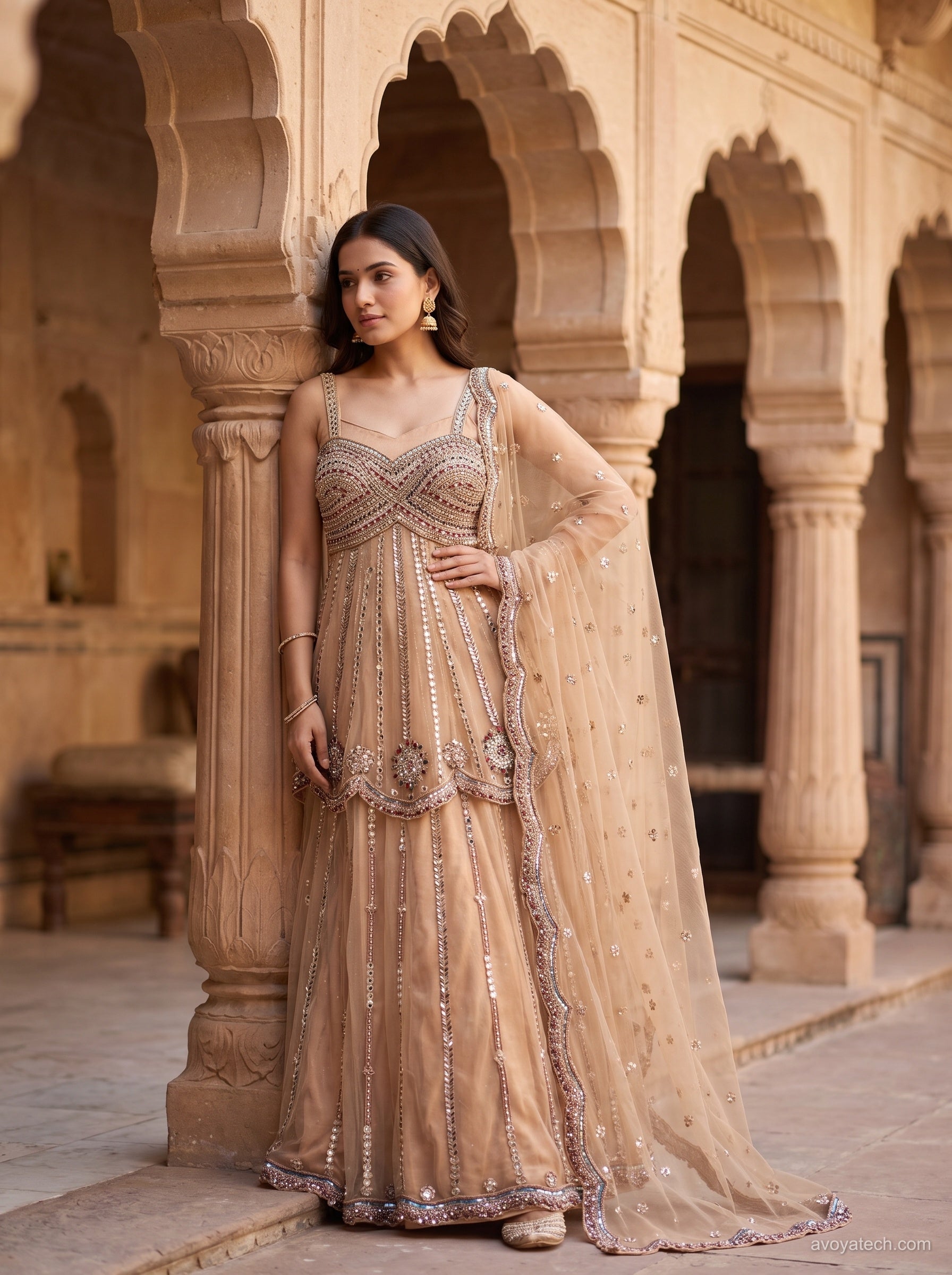 Peach-Beige Mirror-Work Sharara Set