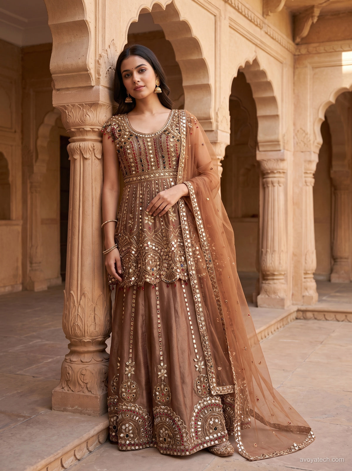 Rust-Brown Mirror-Work Sharara Set