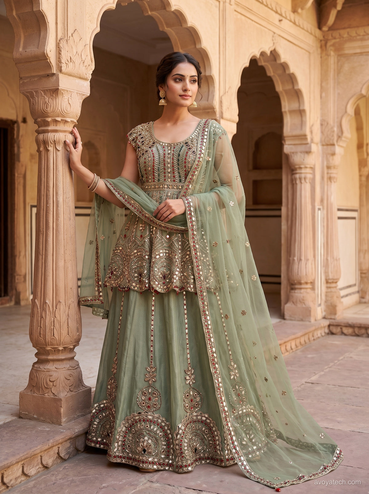 Sage Green Mirror-Work Sharara Set Main image