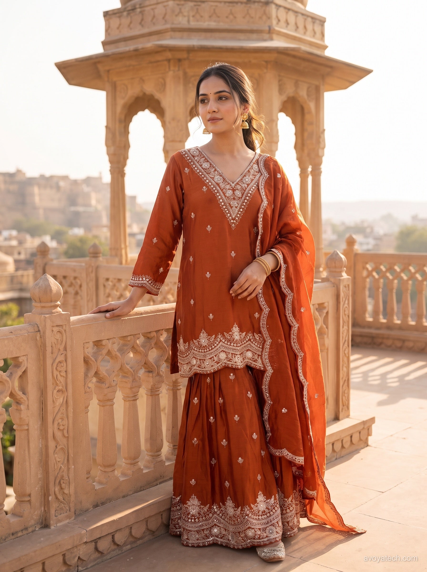 Rust Orange Embroidered Kurta Palazzo Set Main image