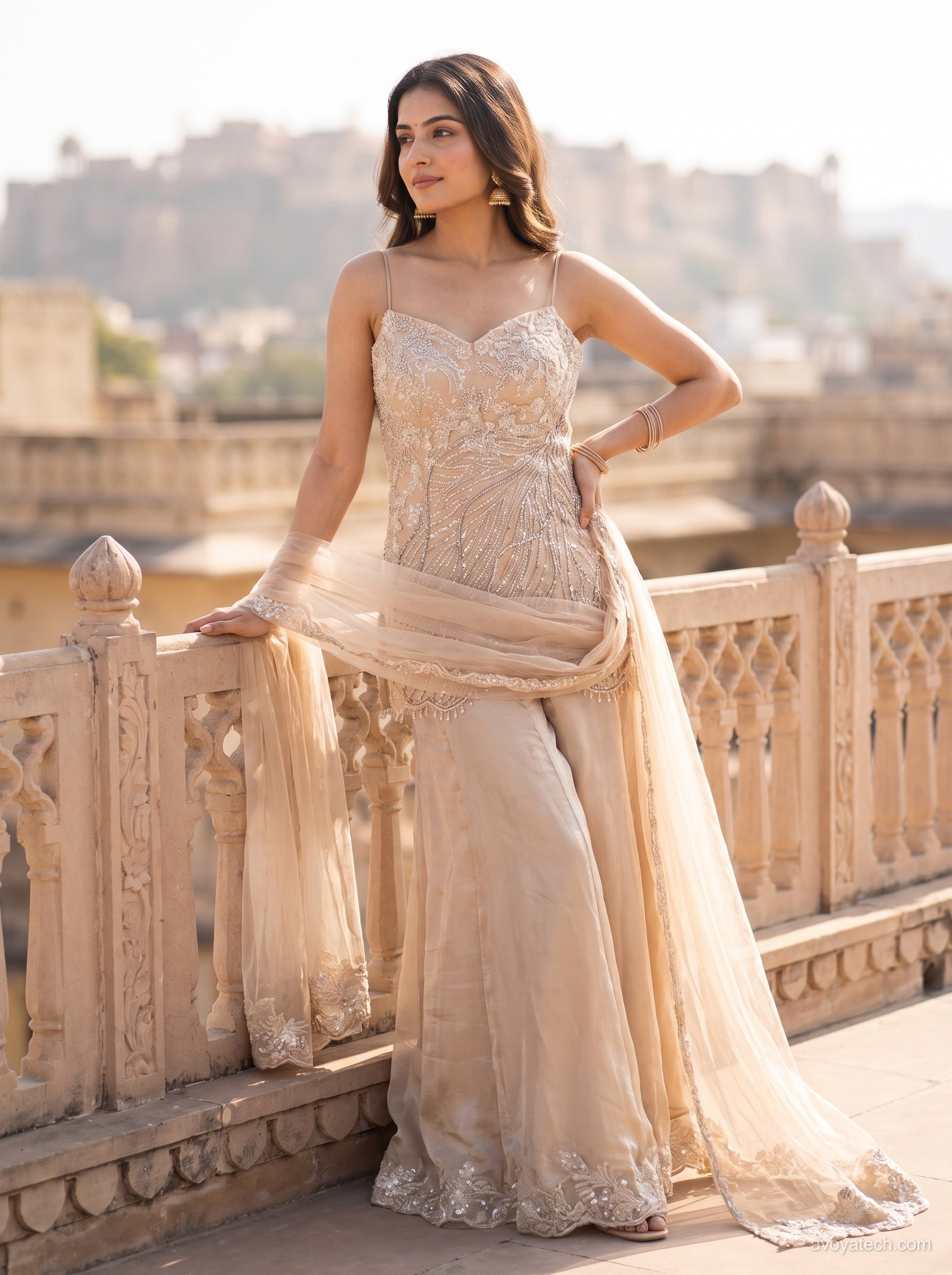 Champagne Pearl Embellished Palazzo Set