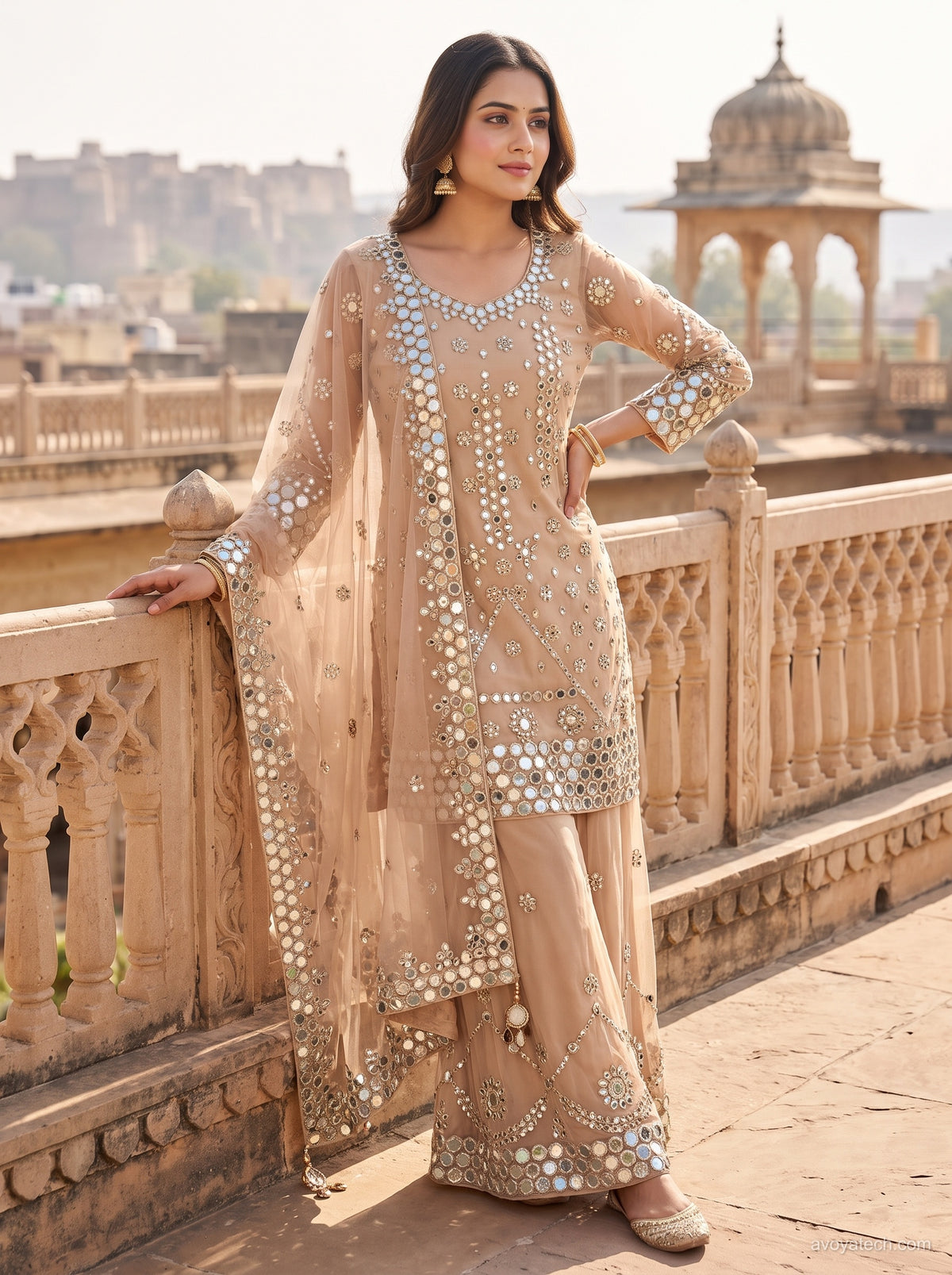 Champagne Mirror Work Embroidered Fusion Wear Set
