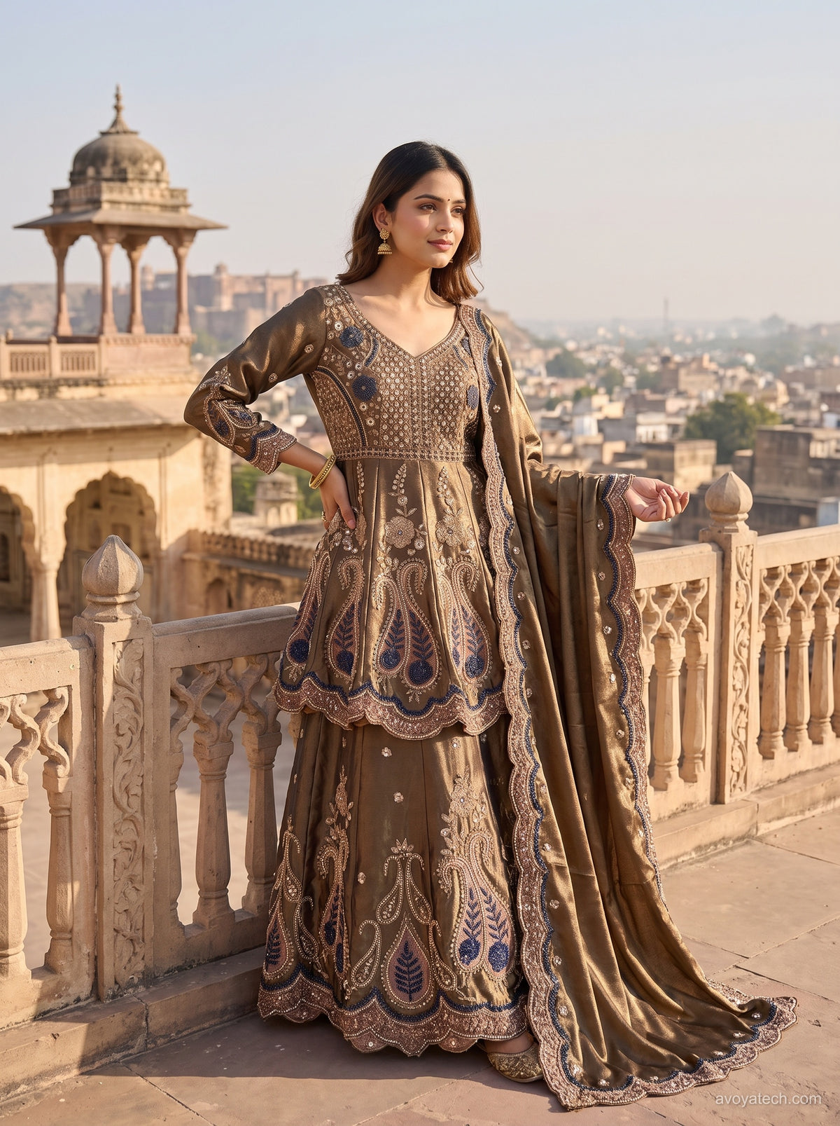 Bronze Gold Embroidered Anarkali Set