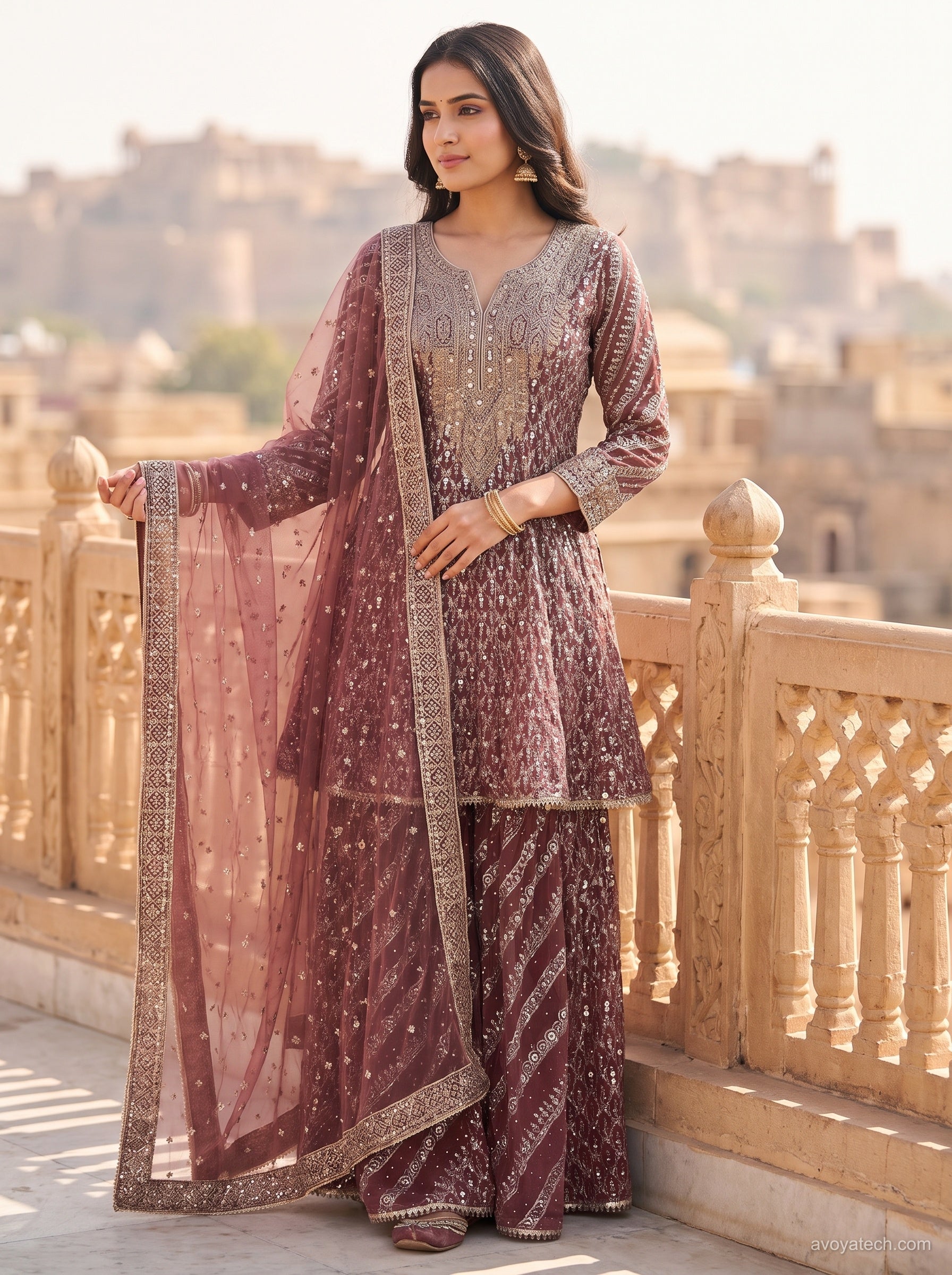 Wine Embroidered Kurta Sharara Set