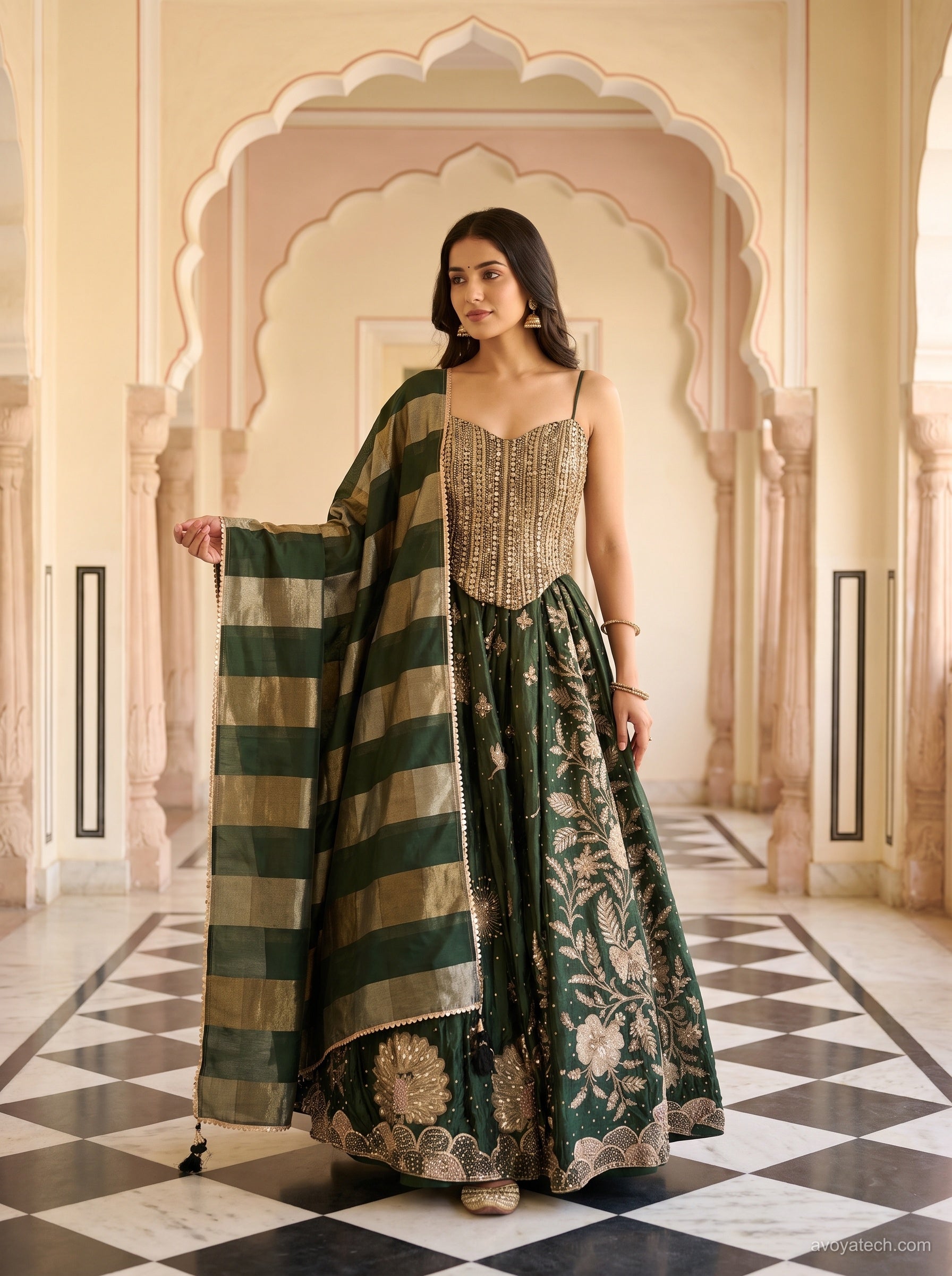 Emerald Green Corset-Style Lehenga Set