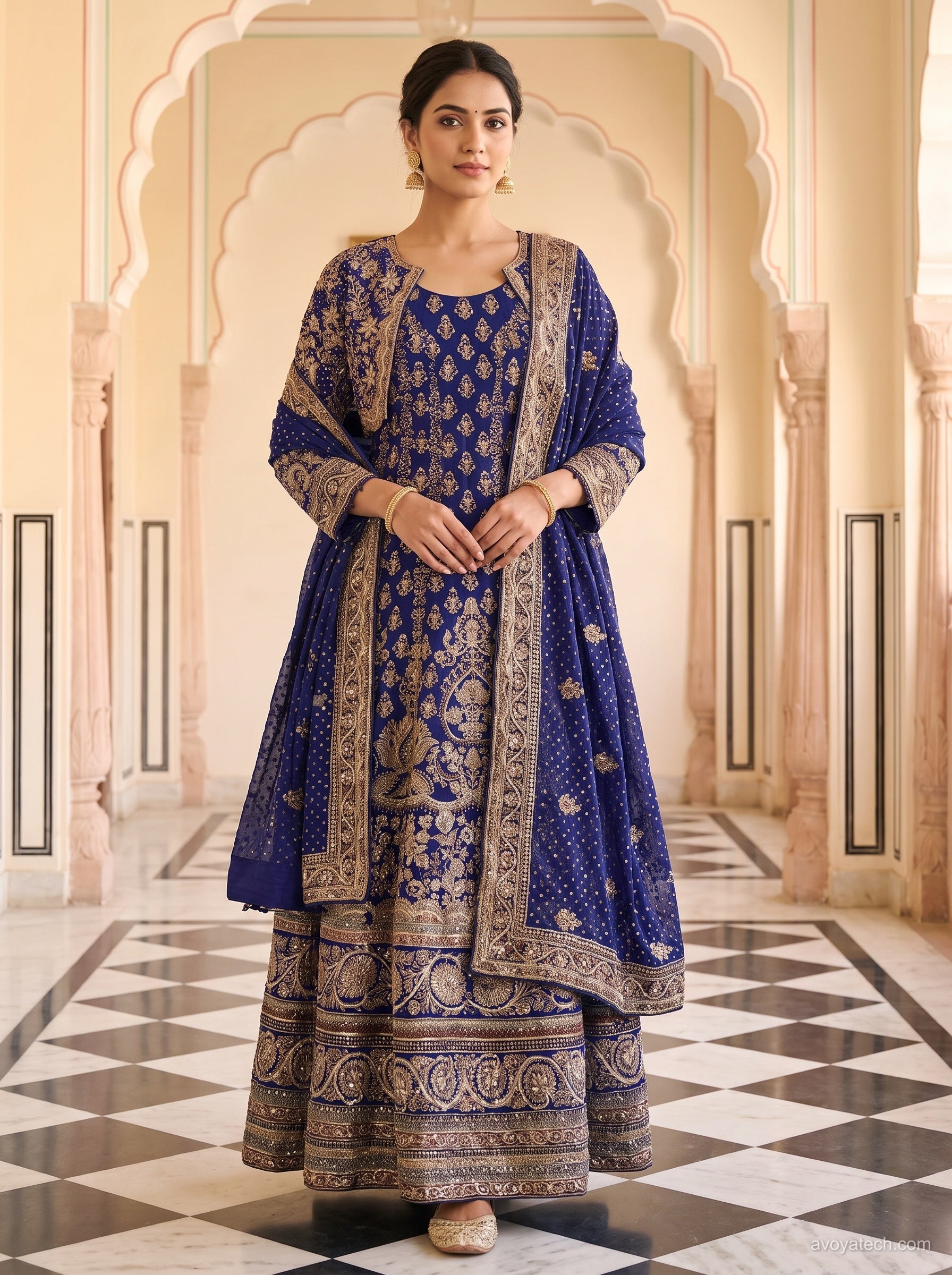 Royal Blue Embroidered Anarkali Set