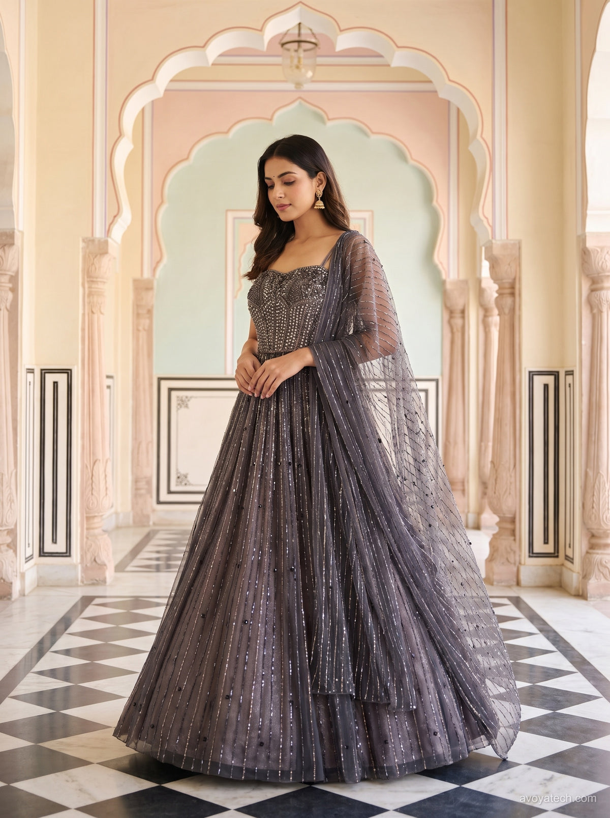 Charcoal Grey Shimmering Gown Lehenga Set Main image