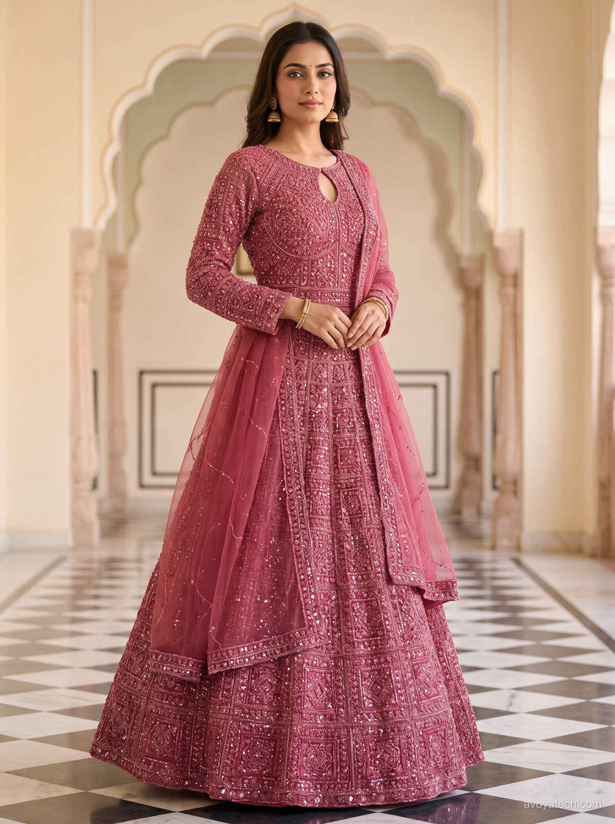 Onion Pink Heavily Embroidered Anarkali Lehenga Set