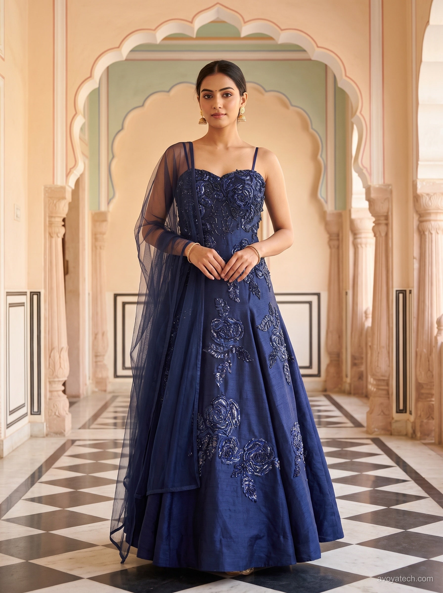 Midnight Blue Sequinned Rose Lehenga Gown Set