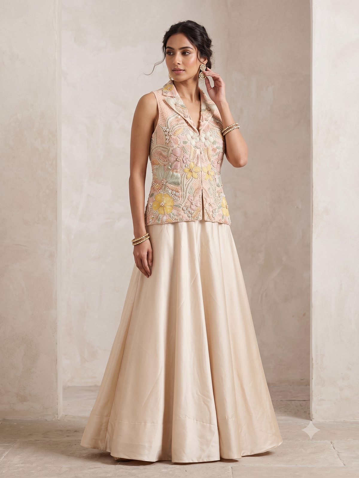 Champagne Peach Pastel Embroidered Waistcoat Lehenga Set