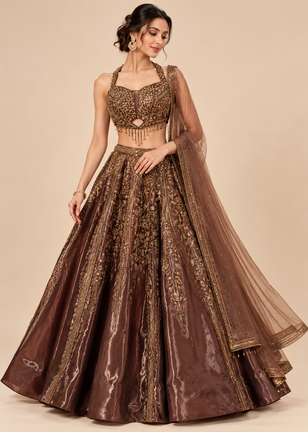 Brown Embellished Lehenga with Halter Blouse and Dupatta Main image