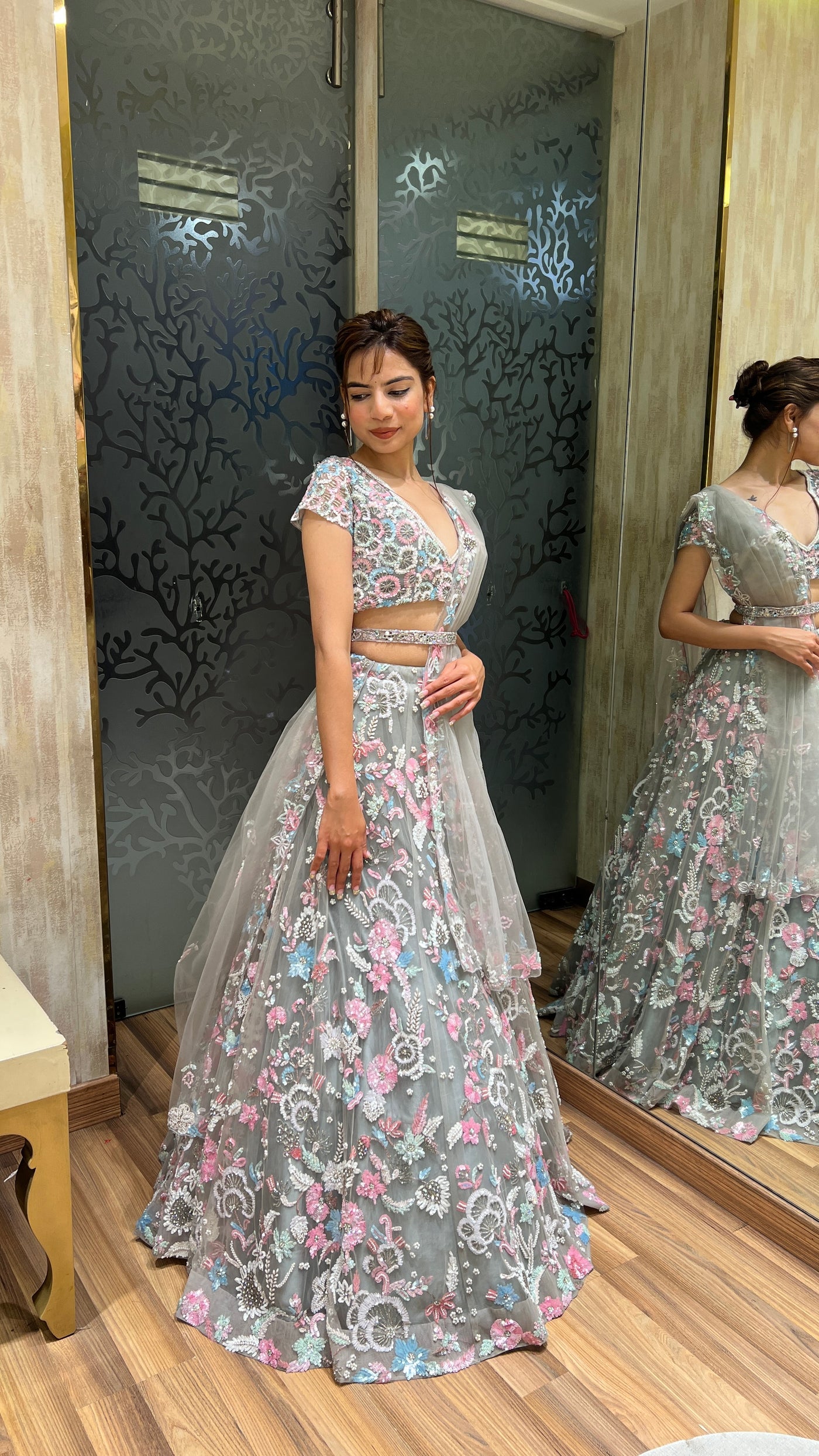 classy grey color hand embroidered lehenga
