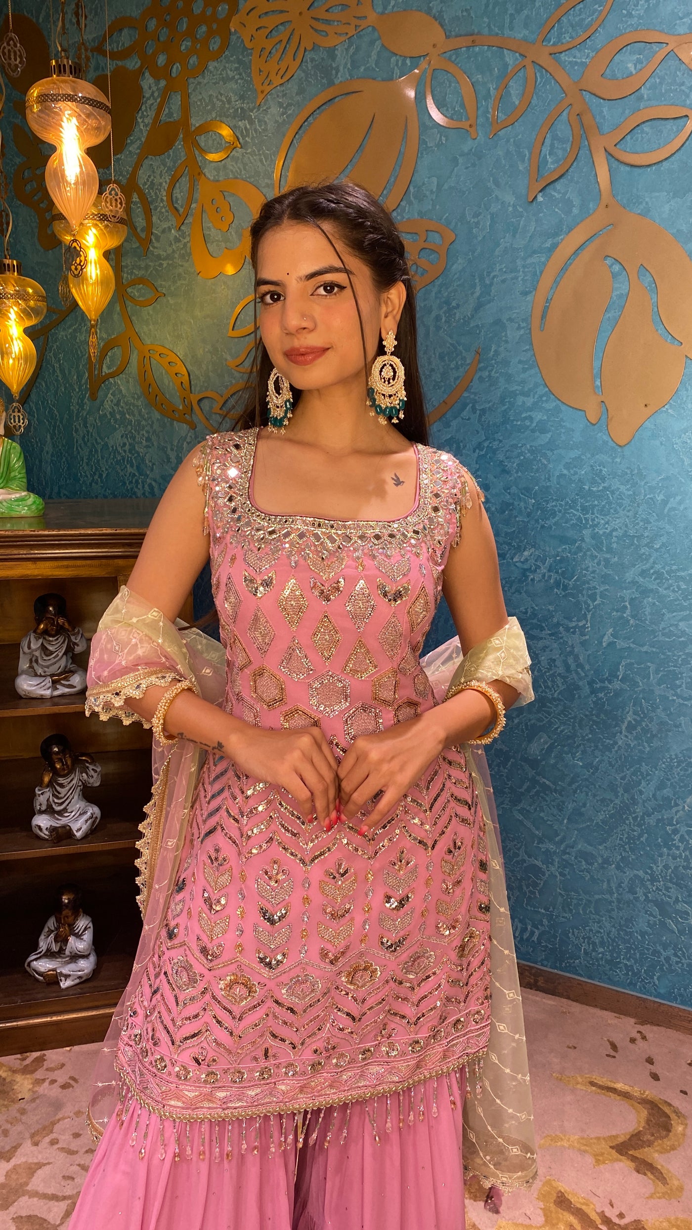 Elegant Pink Color Floral Motif Embroidered Sharara Set