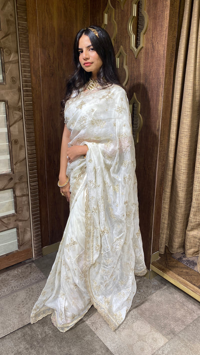 Beautiful beige color floral jaal embroidered saree