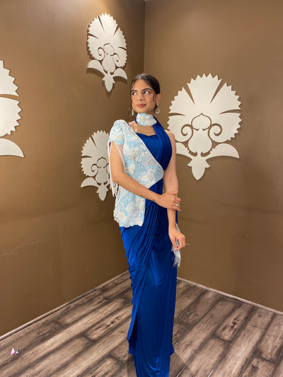 Trendy blue color floral motif embroidered  drape saree