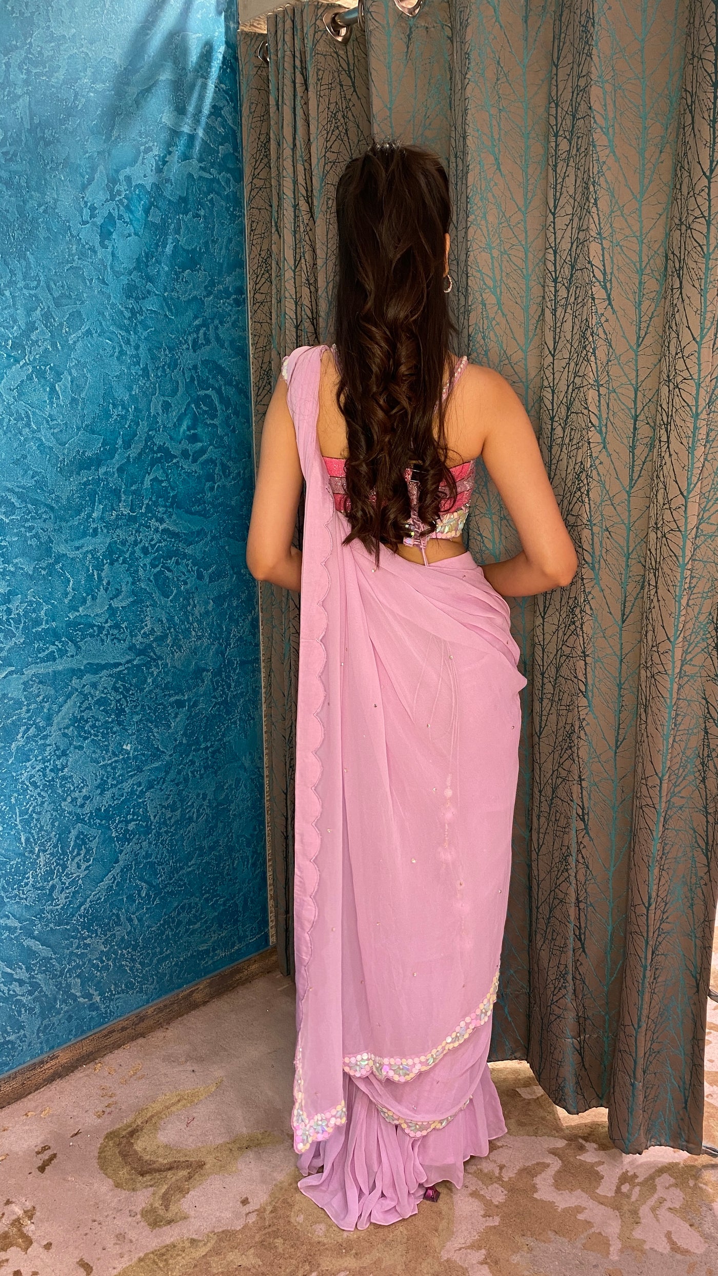 Beautiful pink color floral motif embroidered sharara with drape dupatta cum drape saree