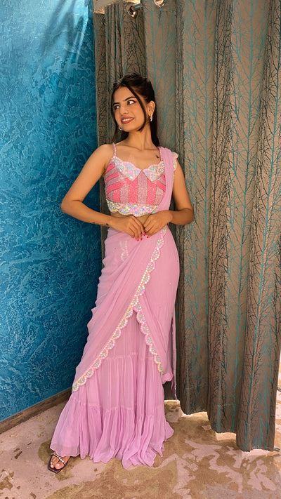 Beautiful pink color floral motif embroidered sharara with drape dupatta cum drape saree