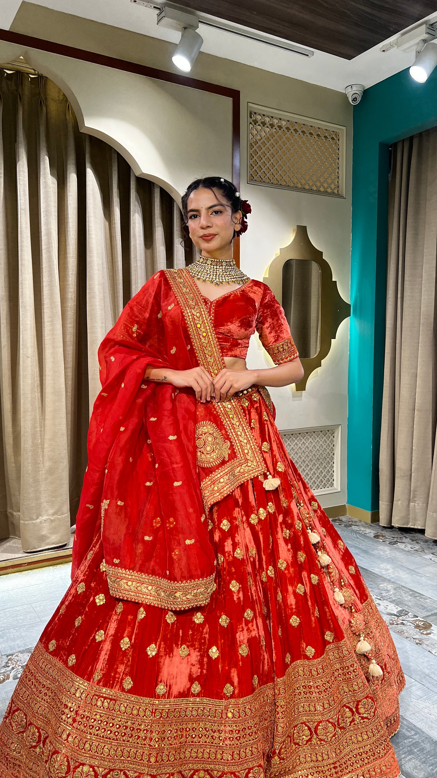 Red color Velvet Indian Bridal Lehenga choli 4428