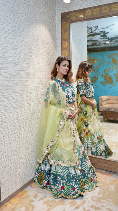 Gorgeous blue and green shaded hand embroidered lehanga