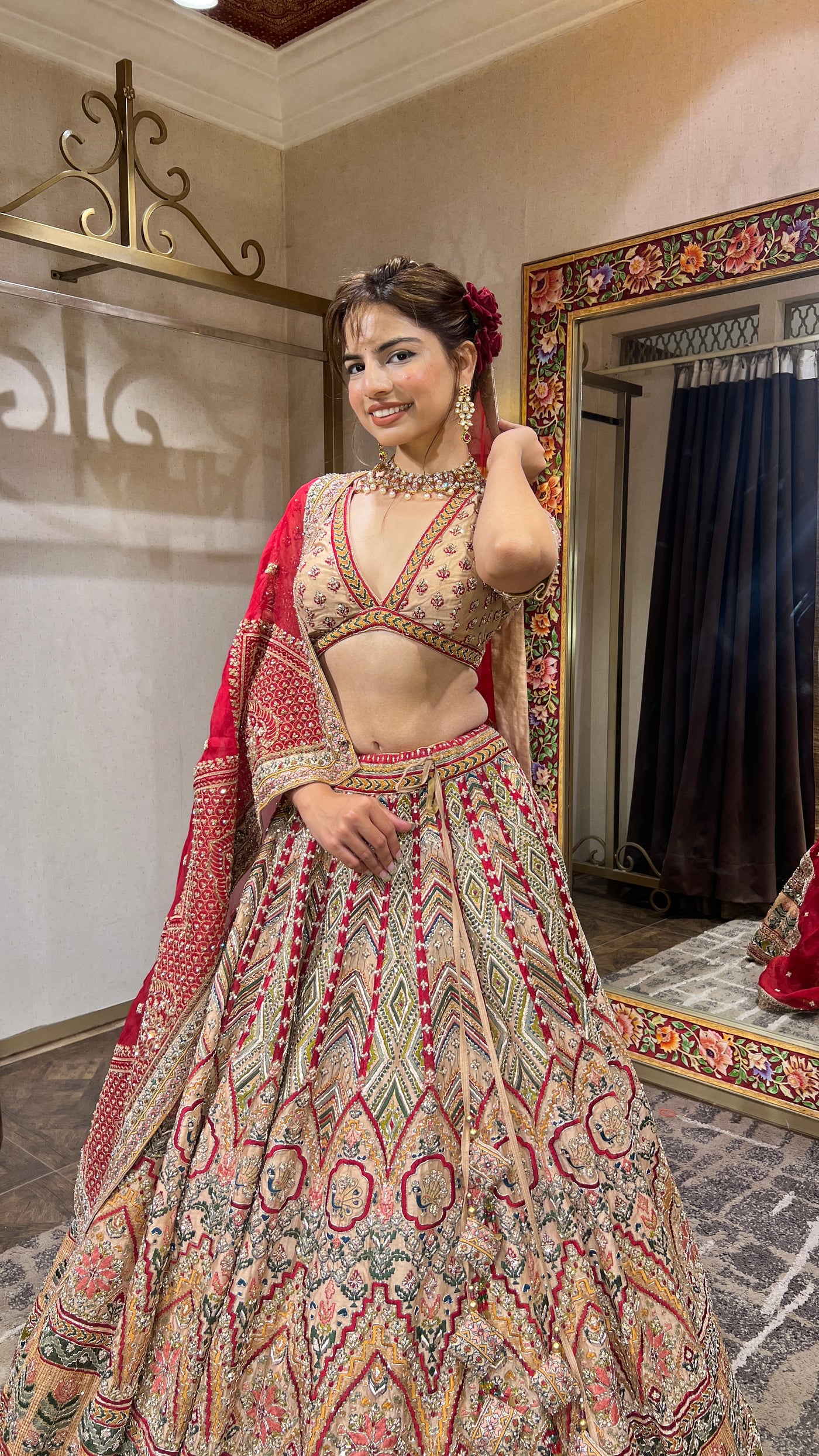 beautiful red & beige color floral embroidered bridal lehenga