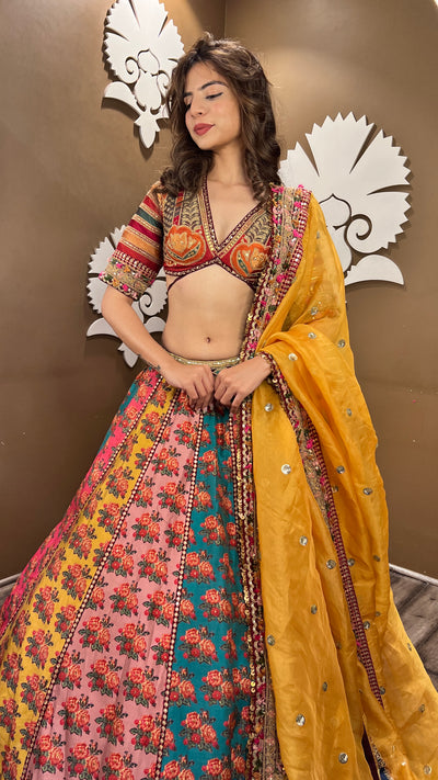 Girl wearing a Multi Color Floral Motif Lehenga Set