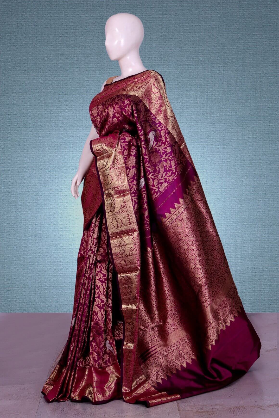 Traditional Magenta Saree in Silk with all over Zari Weaving