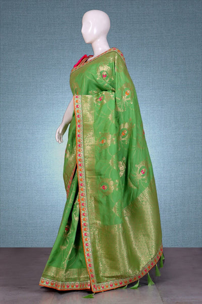 Woven Green Saree in Silk Blend with Gota Embellishments