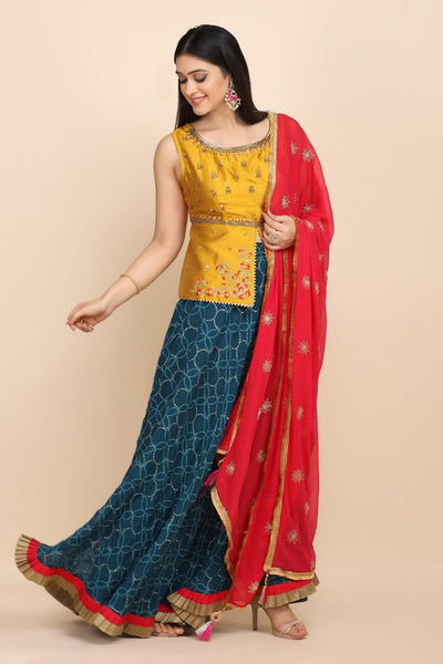 BLUE HIGHLIGHTED LEHENGA WITH LONG BLOUSE AND DUPATTA