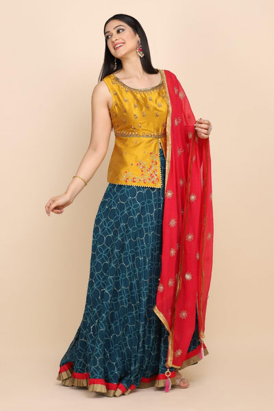 BLUE HIGHLIGHTED LEHENGA WITH LONG BLOUSE AND DUPATTA