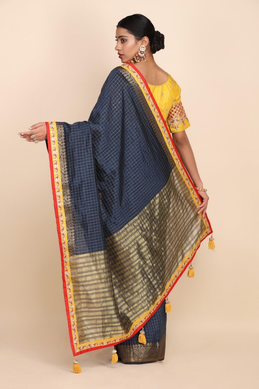 BLUE WOVEN CHECKS SAREE WITH EMBELLISHED BLOSUE AND BORDER