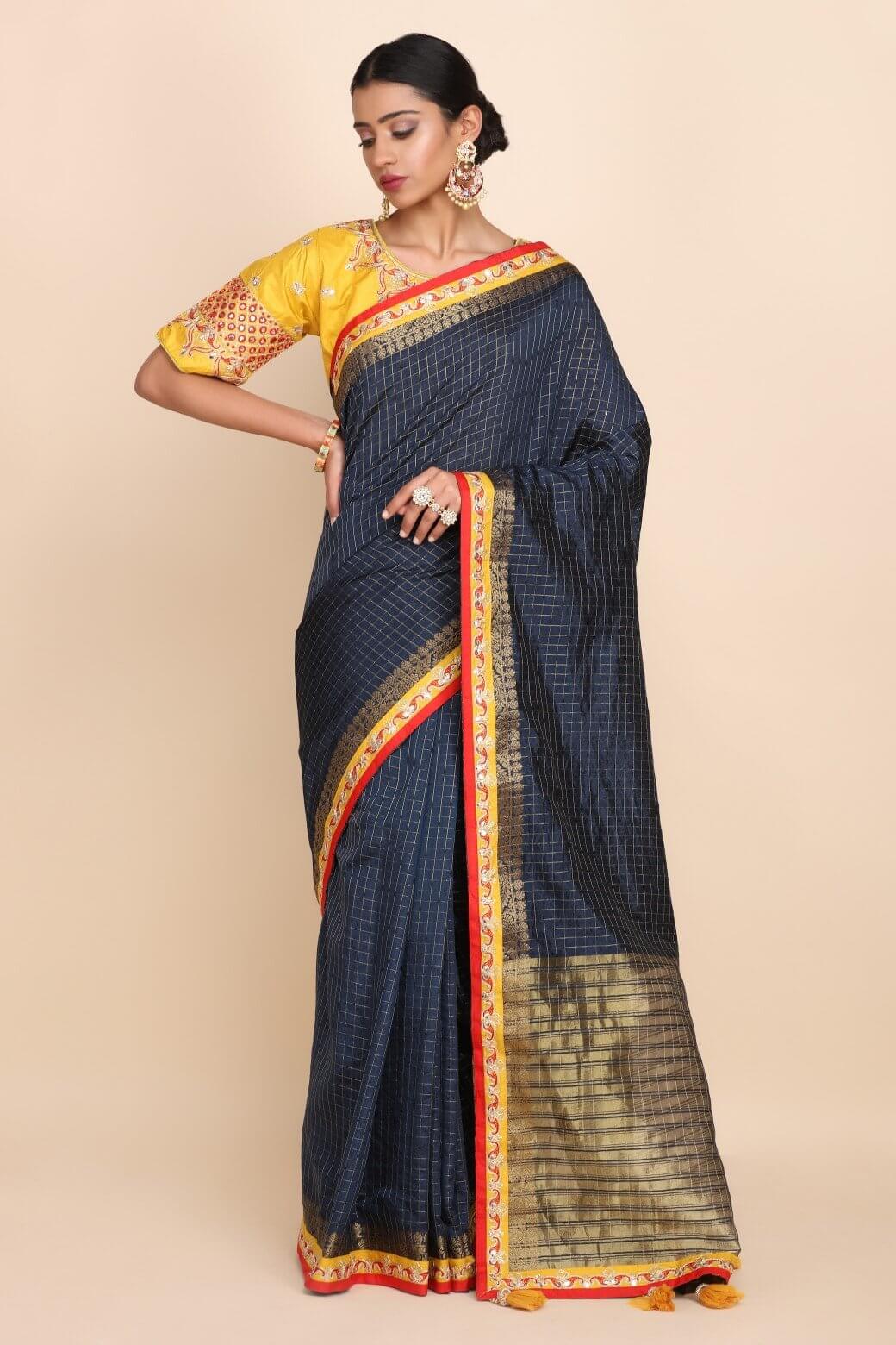 BLUE WOVEN CHECKS SAREE WITH EMBELLISHED BLOSUE AND BORDER