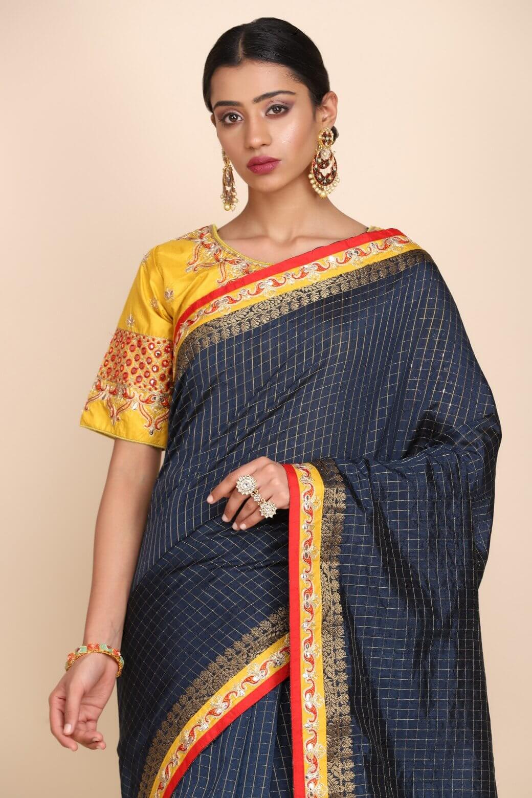 BLUE WOVEN CHECKS SAREE WITH EMBELLISHED BLOSUE AND BORDER