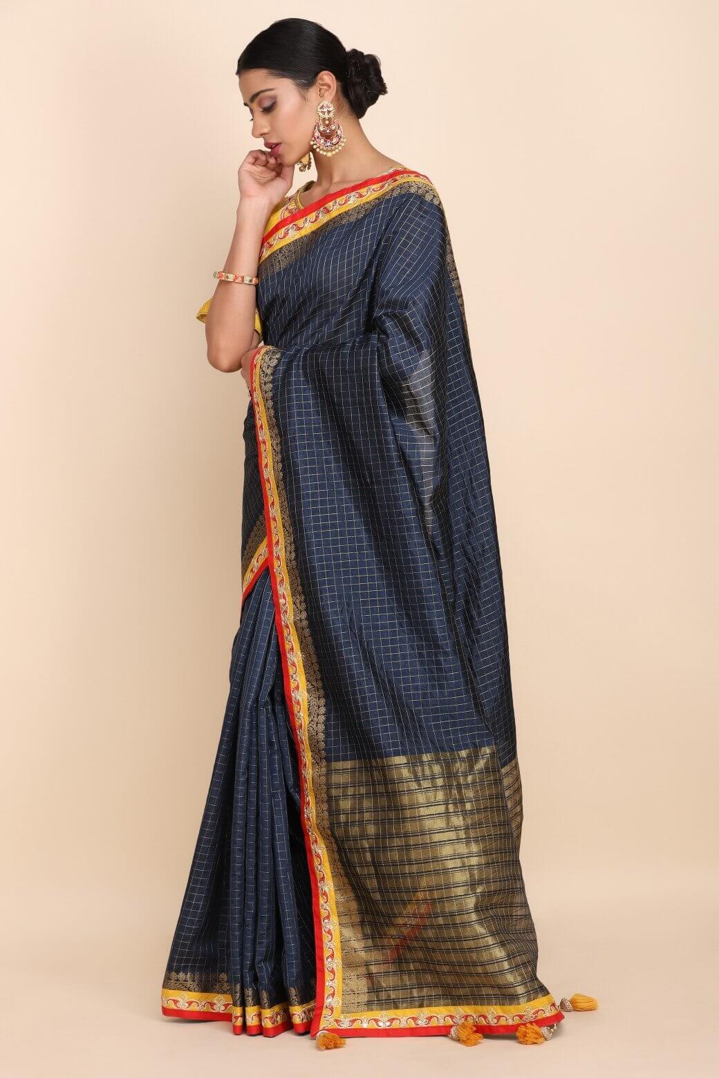 BLUE WOVEN CHECKS SAREE WITH EMBELLISHED BLOSUE AND BORDER