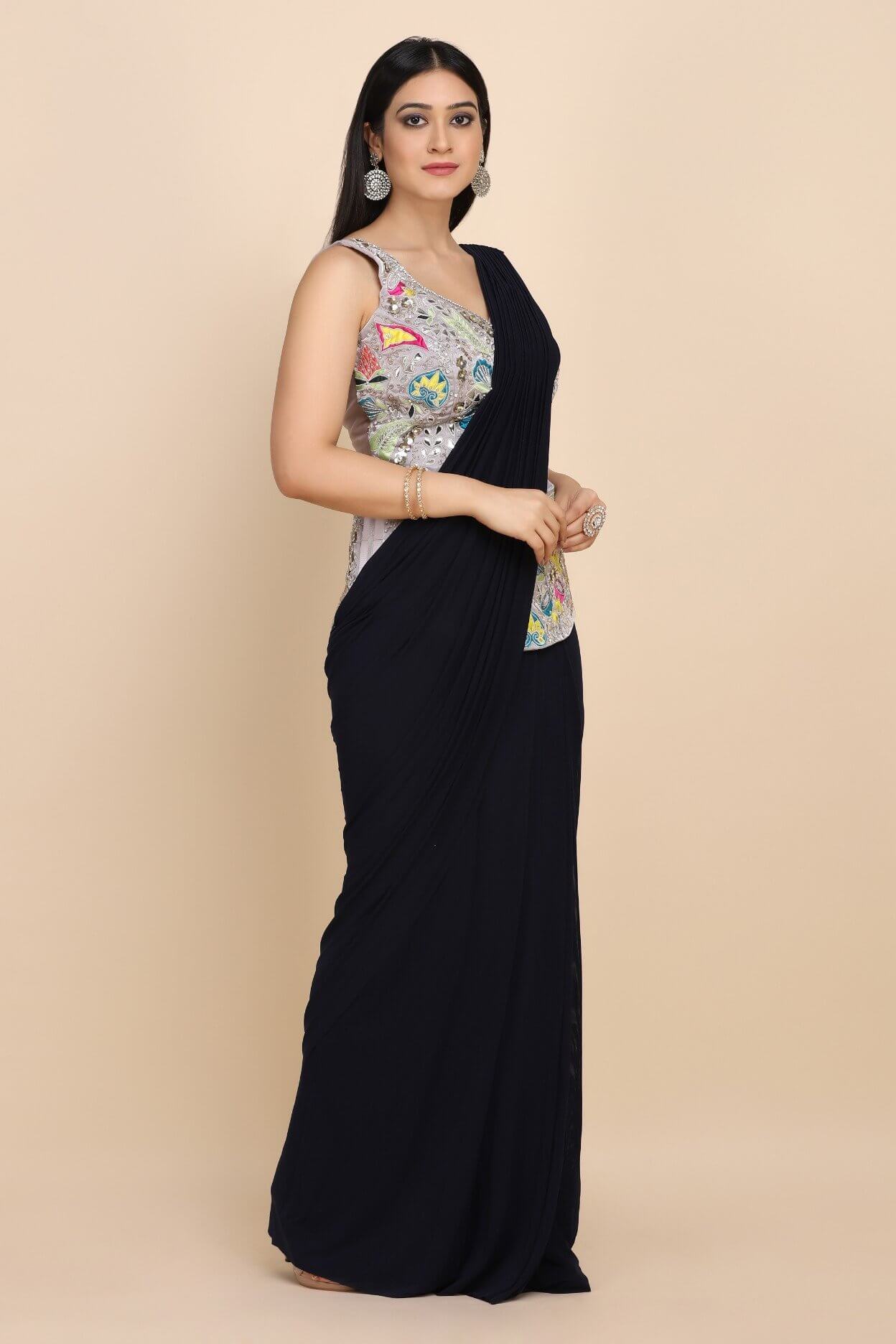 BLACK SAREE WITH EMBELLISHED BLOUSE AND WAISTBELT