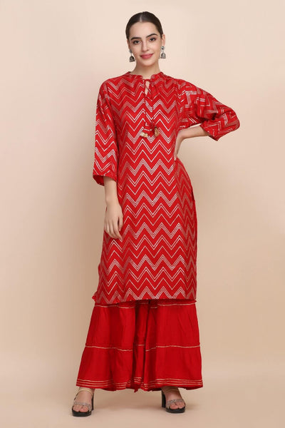 Red Printed Top With Matching Ghagrara Pants