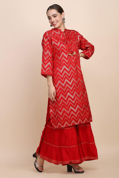 Red Printed Top With Matching Ghagrara Pants