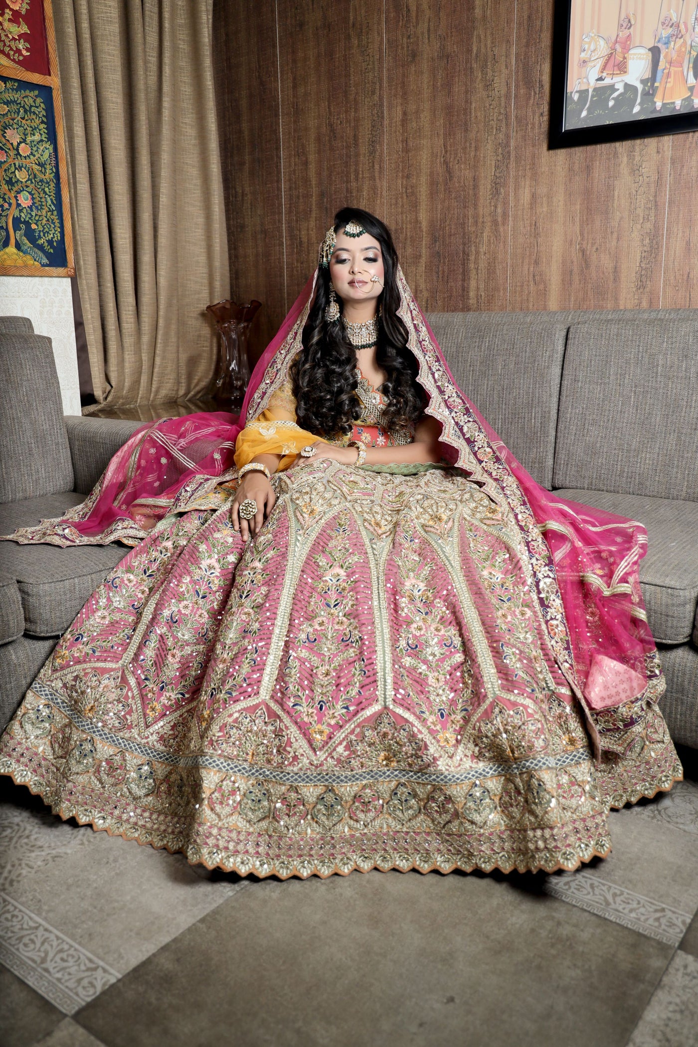 beautiful pink color bridal embroidered lehenga with heavy blouse and matching dupatta