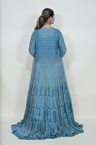 classic blue color floral motif embroidered dress