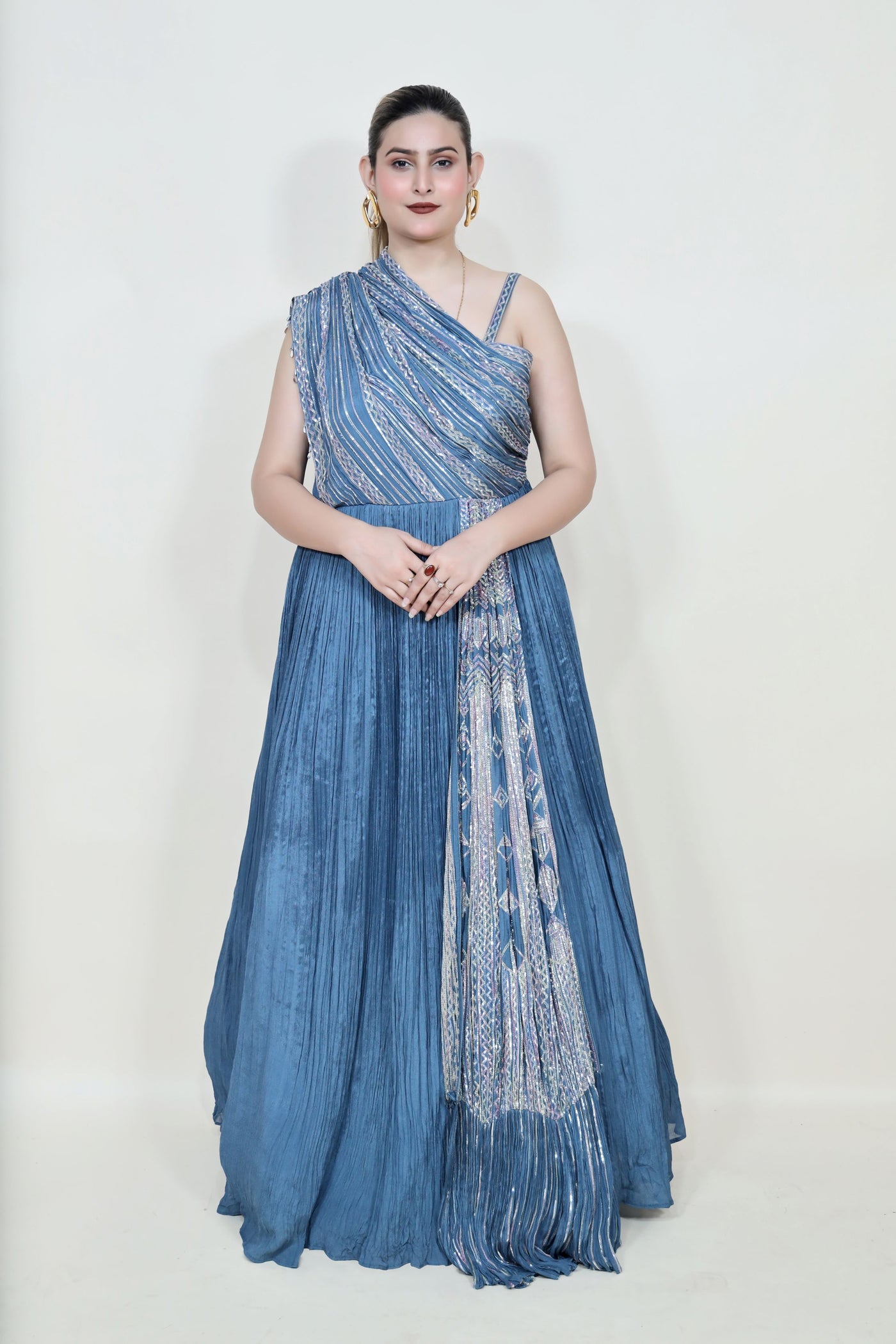 beautiful blue color dress with one side drape