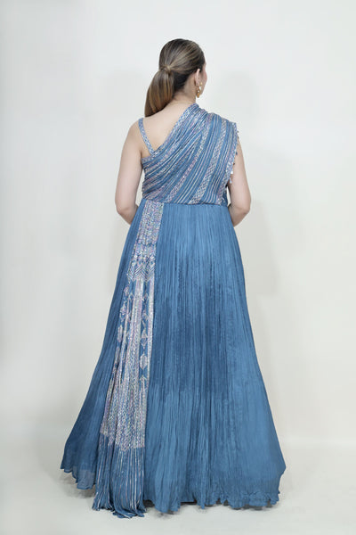 beautiful blue color dress with one side drape
